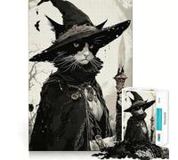 Puzzle pour Adolescents 1000 pièces Chat sorcière avec bâton dans la forêt Casse-tête logique Amusant et précis Jeu de détente et de Divertissement Cadeau Artistique de Noël (50x75cm)