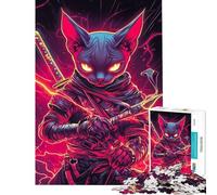 Puzzle pour Adolescents 1000 pièces Chat Sphynx Ninja avec Katana Samouraï Japonais Puzzle Animal pour Adultes Jeu de réflexion Analyse et logique Cadeau pour Amis et Famille (Dimensions 38x52cm)