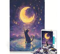 Puzzle pour Adolescents 1000 pièces Chat tendant la Main vers la Lune, Jeu Manuel, idéal pour s'occuper Pendant Les Vacances, avec Poster et fiche de Questions Assortis 38x52cm