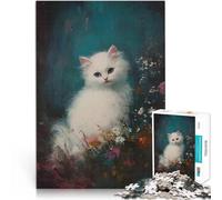 Puzzle pour Adolescents 1000 pièces Chaton Blanc dans Les Fleurs pour s'amuser en Famille Cadeaux du Père Noël Secret 52x38cm