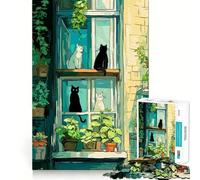 Puzzle pour Adolescents 1000 pièces Chats à la fenêtre avec Plantes Jeu d'articulation serrée Jouet de Jeu cognitif Facile à Jouer Décoration de Noël Amusante (38x26cm)
