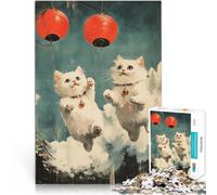 Puzzle pour Adolescents 1000 pièces Chats Volant avec des lanternes Défi Difficile Décoration Murale, Cadeaux Uniques pour Anniversaire et Noël 75x50cm