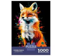Puzzle pour Adolescents 1000 Pièces Colorful Fox Portrait on Black Background Puzzles pour Adultes Jeux Relaxants Décoration Murale Idéal comme Cadeau pour Toute La Famille 52x38cm/1000pcs