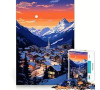 Puzzle pour Adolescents 1000 pièces Coucher de Soleil Suisse Village enneigé Découpe serrée Jeu de réflexion Amusant et créatif Détente Cadeau Artistique de Noël (50x75cm)