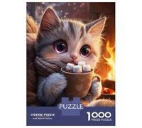 Puzzle pour Adolescents 1000 Pièces Cute Cat with Hot Chocolate Puzzle pour Adultes Jeu De Réflexion Décoration Murale Cadeau Anti-Stress 38x26cm/1000pcs