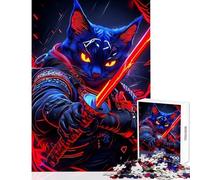 Puzzle pour Adolescents 1000 pièces Cyberpunk Chat Bleu Russe Samouraï Animal Jeu Impossible Vacances à la Maison Jouet éducatif Défi éducatif (50x75cm)