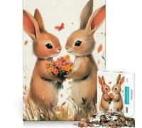 Puzzle pour Adolescents 1000 pièces Deux Lapins avec Fleurs et Papillon Découpe serrée Jeu de réflexion Amusant et créatif Détente Cadeau Artistique de Noël (38x26cm)