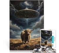 Puzzle pour Adolescents 1000 pièces Enlèvement d'une Vache des Highlands par Un OVNI Impossible décoration Murale 38x26cm