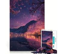 Puzzle pour Adolescents 1000 pièces Fleurs de Cerisier au Bord du lac la Nuit Bordure Impeccable Jeu de réflexion Amusant Moments de détente Décoration de Noël (38x26cm)