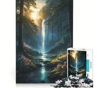 Puzzle pour Adolescents 1000 pièces Forêt Cascade Coucher de Soleil, Jeu de Construction à Faire soi-même, Améliore la mémoire, avec Poster et fiche de Questions Assortis 38x52cm