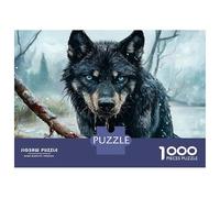 Puzzle pour Adolescents 1000 Pièces Frostbitten Shadows The Winter Wolf - Black Wolf with Blue Eyes Puzzles pour Adultes Jeu Manuel Améliore La Mémoire Interaction Parent-Enfant 52x38cm/1000pcs