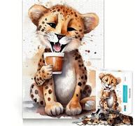 Puzzle pour Adolescents 1000 pièces Guépard à l'heure du café Jeu de réflexion Jeu cognitif Jouet Facile à divertir Décoration de Noël Cadeau (38x26cm)