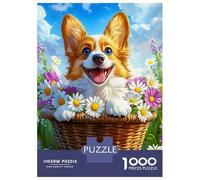 Puzzle pour Adolescents 1000 Pièces Happy Corgi in Flower Basket Puzzles pour Adultes Jeu Manuel Améliore La Mémoire Interaction Parent-Enfant 52x38cm/1000pcs