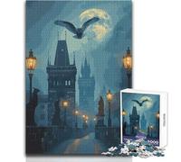 Puzzle pour Adolescents 1000 pièces - Hibou sur Le Pont Charles de Prague la Nuit - Jeu au Design soigné pour Un Anniversaire - Dimensions : 50x75cm