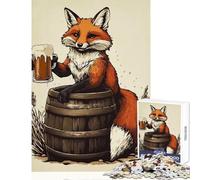 Puzzle pour Adolescents 1000 pièces Illustration d'un Renard avec Une bière sur Un tonneau Jeu à Monter soi-même pour se détendre et relever Le défi Dimensions 38x52cm