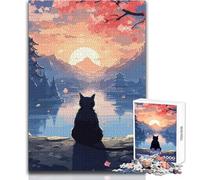 Puzzle pour Adolescents 1000 pièces La Lune, Nuit et Chat - Jeu éducatif Japonais pour Toute la Famille - Niveau de difficulté:Difficile - Cadeau d'anniversaire - Dimensions:38x52cm