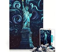 Puzzle pour Adolescents 1000 pièces La Statue de la Liberté la Nuit avec des tourbillons Jeux relaxants activités familiales avec Poster Assorti et fiche de Questions-réponses 38x52cm
