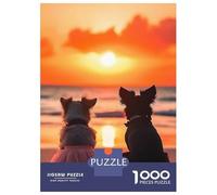Puzzle pour Adolescents 1000 Pièces Lovely Couple Dogs Watching Sunset on The Beach Puzzles pour Adultes Jeu Familial Anti-Stress Interaction Parent-Enfant 38x26cm/1000pcs