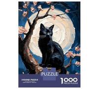 Puzzle Pour Adolescents 1000 Pièces Majestic Black Cat Under Impasto Full Moon - Nocturnal Oil Painting Puzzle Pour Adultes, Jouet, Décoration Murale, Amusant Et Humoristique, Idéal Comme Cadeau 52x38