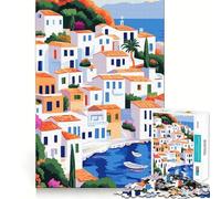 Puzzle pour Adolescents 1000 pièces,Motif Abstrait de Village européen Orange et Blanc,Illustration Minimaliste,découpe précise,Casse-tête pour des Moments de détente et de Divertissement