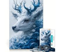Puzzle pour Adolescents 1000 pièces,Motif Floral Bleu et Blanc,Portrait de cerf,Bords Nets,Jeu de Concentration Amusant,Moment de détente,Cadeau de Noël apaisant (50x75cm)