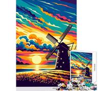 Puzzle pour Adolescents 1000 pièces Moulin à Vent Coucher de Soleil WPAP Art Toy Décoration Murale Cadeau Secret Santa Jeu Impossible Renforce l'amour Entre Les Couples Dimensions 50x75cm