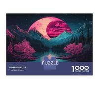 Puzzle pour Adolescents 1000 Pièces Neon Mountainscape with Pink Moon Puzzle pour Adultes Jeu Familial Course De Vitesse Manuelle Cadeau d'anniversaire Unique 38x26cm/1000pcs