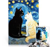 Puzzle pour Adolescents 1000 pièces Nuit étoilée Romantique Chat Noir et Chat Blanc Jeu Stimulant Une œuvre d'art 52x38cm