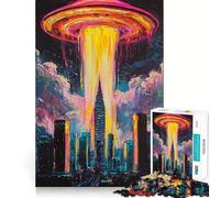 Puzzle pour Adolescents 1000 pièces OVNI au-Dessus d'un Paysage Urbain, décoration découpée avec Soin, Jouet créatif et Amusant, Jeu de Paix, œuvre d'art de Noël (38x26cm)
