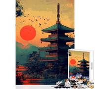 Puzzle pour Adolescents 1000 pièces Pagode Japonaise au Coucher du Soleil Peinture Jeu Manuel Difficile Anti-Stress Améliore l'amour Entre Les Couples (75X50CM)