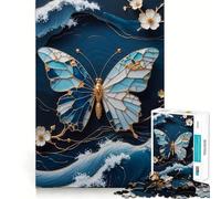 Puzzle pour Adolescents 1000 pièces Papillon Bleu Kintsugi Art Bordure Premium,Jeu de Concentration,Divertissement Pendant Les Moments de détente,Cadeau Artistique de Noël (50x75cm)