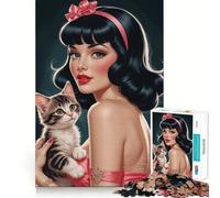 Puzzle pour Adolescents 1000 pièces Pin-up Brune avec Chaton Mignon Décoration découpée soignée Jouet créatif et Amusant Jeu de Paix Pièce d'art de Noël (38x26cm)