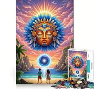 Puzzle pour Adolescents 1000 pièces Plage Tropicale avec Dieu Soleil et Portail Découpe serrée Amusant Résolution de problèmes Détente et Divertissement Décoration de Noël (38x26cm)