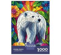 Puzzle pour Adolescents 1000 Pièces Polar Bear in Floral Stained Glass Puzzle pour Adultes Jeu De Réflexion Décoration Murale Cadeau Anti-Stress 52x38cm/1000pcs