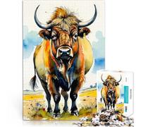 Puzzle pour Adolescents 1000 pièces Portrait de Vache des Highlands à l'aquarelle Défi Difficile Une œuvre d'art 75x50cm