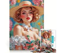 Puzzle pour adolescents 1000 pièces,robe fleurie pin-up blonde avec chapeau de paille,bords travaillés,jeu de concentration,divertissement pour les moments de détente,cadeau artistique de Noël 38x52cm