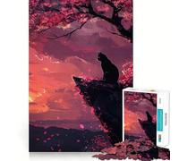 Puzzle pour Adolescents 1000 pièces Silhouette de Chat Noir sous des Fleurs de Cerisier,Bords Nets,Jeu de Concentration Amusant,Moment de détente,Cadeau de Noël apaisant (50x75cm)