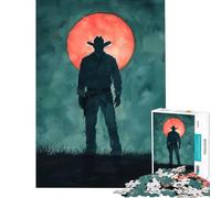 Puzzle pour Adolescents 1000 pièces Silhouette de Cowboy sous la Lune Rouge Jeu de réflexion et de logique pour décorer Un Mur (Dimensions 75x50cm)