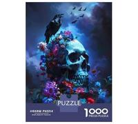 Puzzle pour Adolescents 1000 Pièces Skull Raven Flowers Puzzle pour Adultes Jeux Relaxants Cadeau d'anniversaire Activités Amusantes À La Maison, 52x38cm/1000pcs