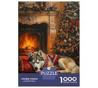 Puzzle pour Adolescents 1000 Pièces Sleeping Husky Dog by Fireplace Christmas Scene Puzzles pour Adultes Jeu Familial Anti-Stress Interaction Parent-Enfant 38x26cm/1000pcs