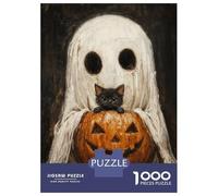 Puzzle pour Adolescents 1000 Pièces Spooky Cute Ghost and Black Cat with Pumpkin Puzzles pour Adultes Jeu Manuel Décoration Murale Cadeaux Uniques pour Anniversaire Et Noël 38x26cm/1000pcs