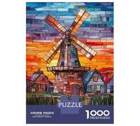 Puzzle pour Adolescents 1000 Pièces Stained Glass Windmill Wall Art Puzzle pour Adultes Décoration Murale Jouet Une Œuvre d'art Cadeau d'anniversaire Unique 38x26cm/1000pcs