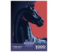Puzzle pour Adolescents 1000 Pièces Stylized Black Horse Portrait on Red Puzzles pour Adultes Jeux De Détente Découpe De Précision Offre Spéciale pour Toute La Famille 52x38cm/1000pcs