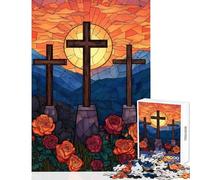 Puzzle pour Adolescents 1000 pièces Trois Croix avec Roses Vitrail Jeu Manuel Difficile Anti-Stress Améliore l'amour Entre Les Couples (75X50CM)