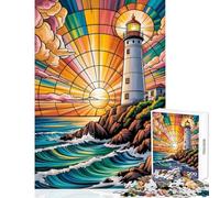 Puzzle pour Adolescents 1000 pièces Vitrail Méditation Sérénité près d'un Phare illuminé au Coucher du Soleil Jeu éducatif Décoration Murale Jouet Liste de souhaits avec Le Père Noël (26x38cm)