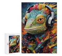 Puzzle pour Adolescents 300 PCS Colorful Lizard with Headphones-1 Puzzle pour Adultes - Jeu Manuel - Décoration Murale - Cadeaux Uniques pour Anniversaire Et Noël 300 PCS