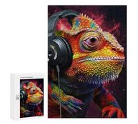Puzzle pour Adolescents 300 PCS Colorful Lizard with Headphones Puzzle pour Adultes - Jeu Manuel - Décoration Murale - Cadeaux Uniques pour Anniversaire Et Noël 300 PCS