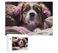 Puzzle pour Adolescents 300 PCS Fluffy Puppy with Pink Flowers Puzzle pour Adultes - Jouet À Monter Soi-même - Défi Difficile - Cadeaux De Noël Et d'anniversaire 300 PCS