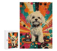Puzzle pour Adolescents 300 PCS Groovy Maltese Retro Dog Art Print Retro Dog on Vinyl Puzzles pour Adolescents - Jouets Anti-Stress - Améliore La Mémoire - Idéal comme Cadeau 300 PCS