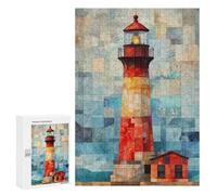 Puzzle pour Adolescents 300 PCS Lighthouse Watercolor Art Patchwork Lighthouse at Sunset Puzzle pour Adultes - Jeu Manuel - Décoration Murale - Difficile Et Stimulant 300 PCS
